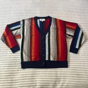 THE GREAT. Multicolor Striped V-Neck Cardigan with Navy Trim